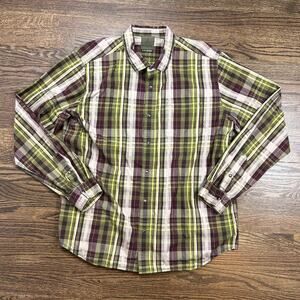 PrAna Shirt Mens XL Green Purple Plaid Pearl Snap Long Sleeve Button Up Western